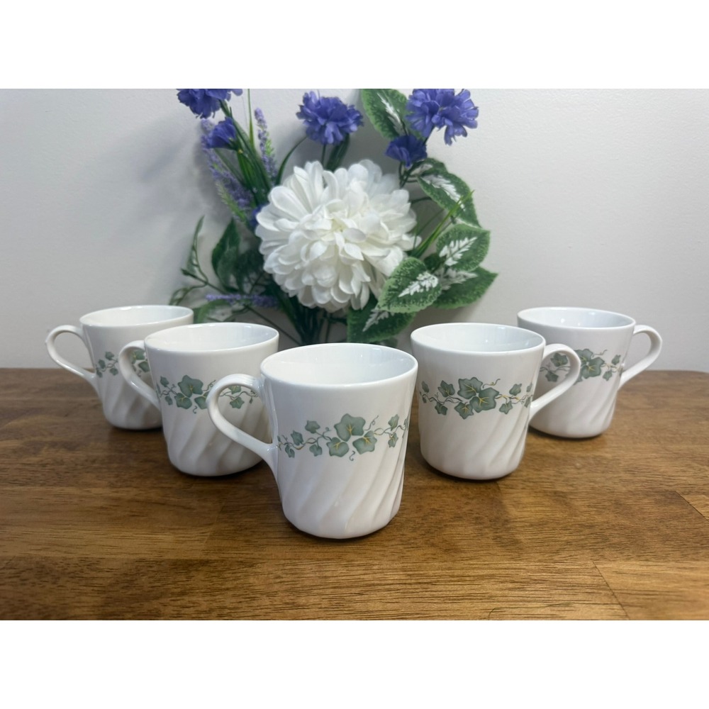 Vintage Corelle Callaway Green Ivy Swirl Coffee Mugs Set of 5 Retro Kitchen